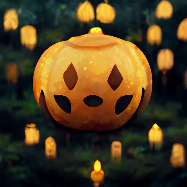 Large Orange Pumpkin Lies Grass Lanterns Burn Forest — Stock Photo, Image