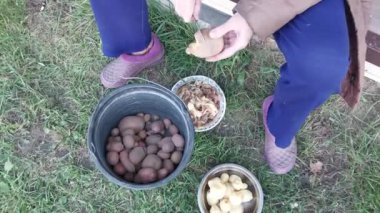 Sokakta patates soyan kadın.