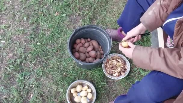 Γυναίκα Που Καθαρίζει Πατάτες Στο Δρόμο — Αρχείο Βίντεο