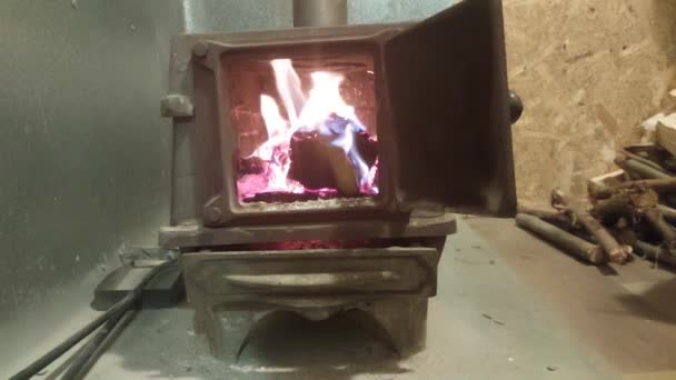 Firewood Burning Cast Iron Stove Warming House — Stock Video
