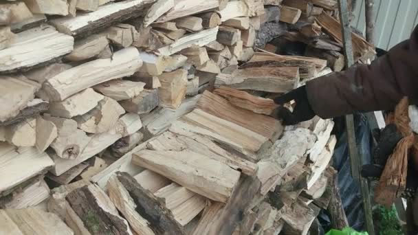 Gehäckseltes Brennholz Sammeln Das Haus Winter Heizen — Stockvideo