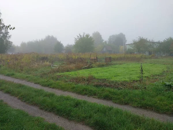 Jesienny Poranek Mgła Wieś — Zdjęcie stockowe