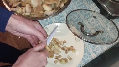 Pişirmek için yabani mantar dilimliyorum.