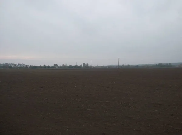 Panorama Campo Arado Pueblo Atardecer —  Fotos de Stock