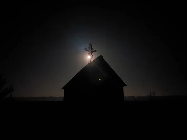 Chiesa Ortodossa Notte Sulla Luna Piena — Foto Stock