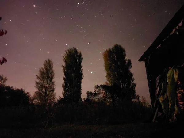 Céu Estrelado Noite Brilhante Uma Aldeia — Fotografia de Stock