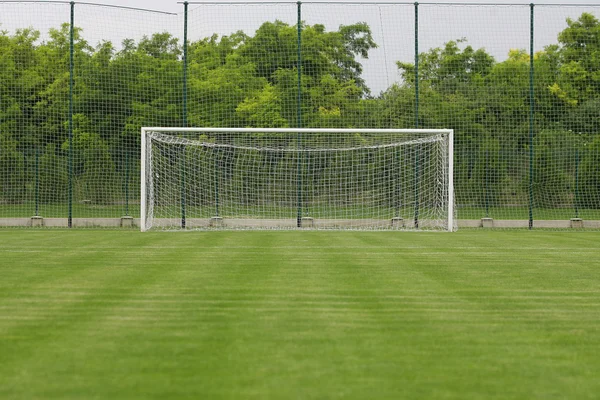 Campo di calcio erba Obiettivo allo stadio Campo di calcio con linee bianche sull'erba — Foto Stock