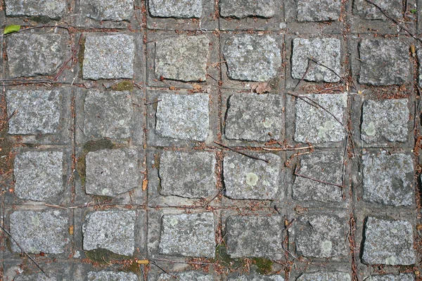 El fragmento de un camino pavimentado Pavimentación de piedra con agujeros —  Fotos de Stock