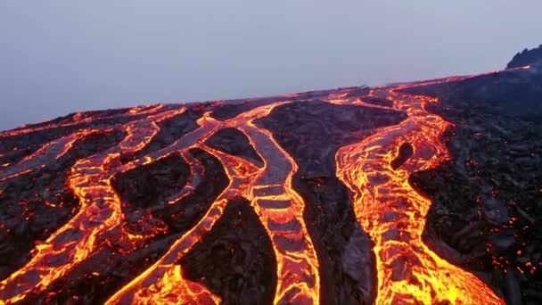Aerial Red Hot Lava Rivers Active Volcanic Fissures — Stock Video