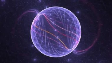 Neon tarzı şenlikli hareketli şekiller ve dalgalar. Dijital holografik dans. Renkli kesişen çizgiler süslü desenler örer.