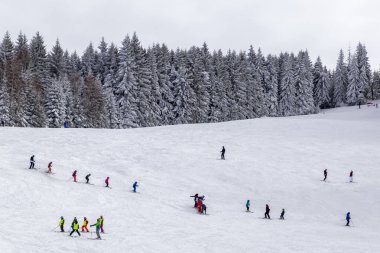 BÜLGARYA, SOFIA, VITOSHA - 4 Şubat 2022 'de Sofya yakınlarındaki Vitosha Dağı' nda kayak yaparken insanlar eğleniyor.