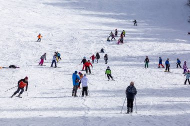 BÜLGARYA, SOFIA, VITOSHA - 4 Şubat 2022 'de Sofya yakınlarındaki Vitosha Dağı' nda kayak yaparken insanlar eğleniyor.