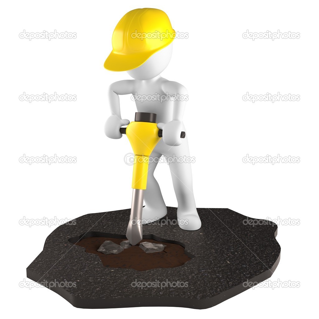 road-builder holds a jackhammer in hand