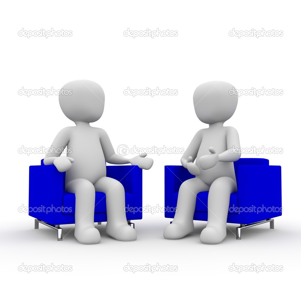 The characters sit in the blue armchairs and entertain themselves.