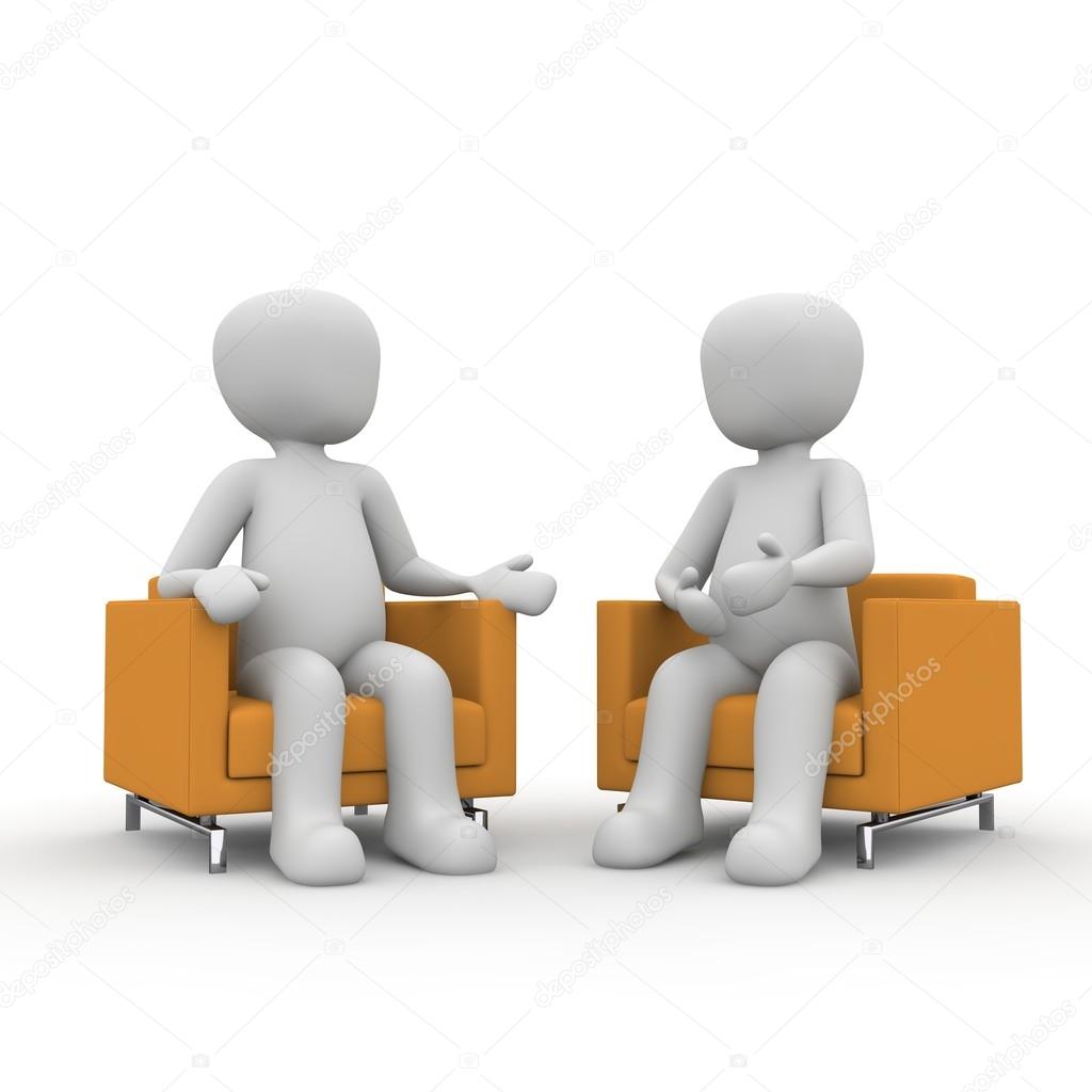 The characters sit in the orange armchairs and entertain themselves.