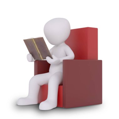 Adam kırmızı koltukta kitap okuyor.