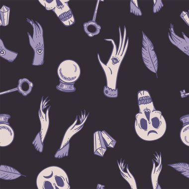 Vintage vektör sihirli kusursuz desen. Büyücülük duvar kâğıdı. Siyaha çizilmiş ruhani mistik eller