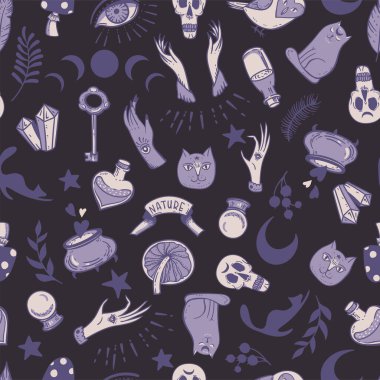 Vintage vektör sihirli kusursuz desen. Büyücülük duvar kâğıdı. Beyaz üzerine elle çizilmiş ruhani mistik elementler