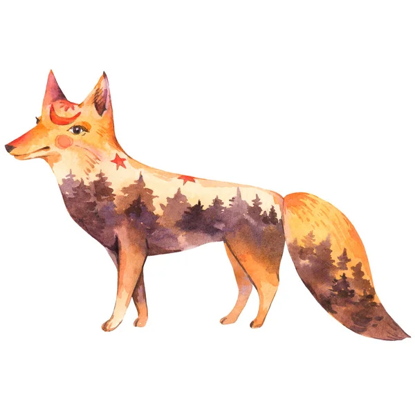 Watercolor Wicca Fox Spiritual Sacred Totem Animals Watercolor Illustration Isolated — Stock Photo, Image