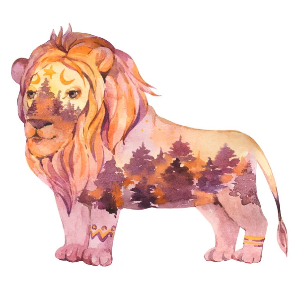 Andligt Heligt Lejon Totem Djur Akvarell Illustration Isolerad Vitt — Stockfoto