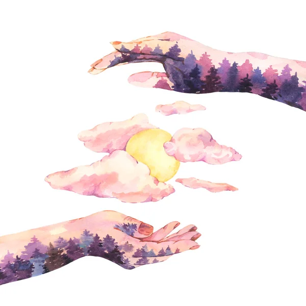 Mãos Bruxa Aquarela Com Lua Ilustração Oculta Desenhada Mão Isolada — Fotografia de Stock