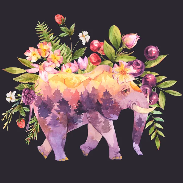 Elefante Sagrado Espiritual Con Flores Silvestres Animales Tótem Acuarela Floral — Foto de Stock