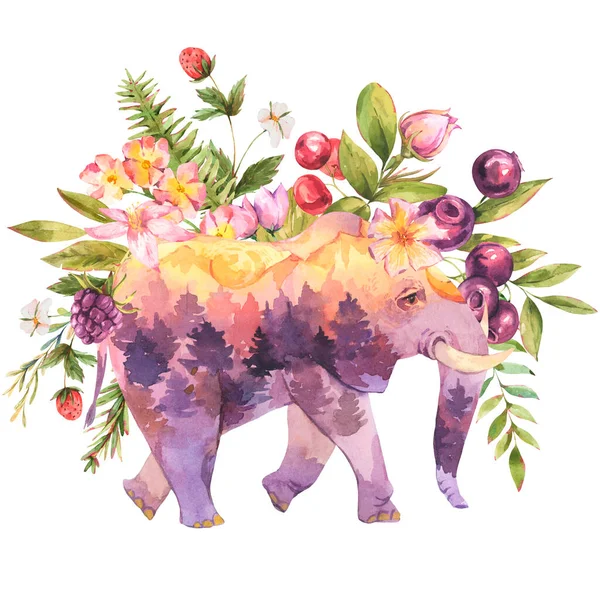 Vahşi Çiçeklerle Dolu Kutsal Bir Fil Totem Hayvanları Çiçekli Suluboya — Stok fotoğraf