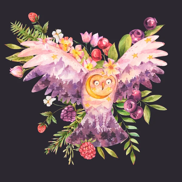 Geistlich Heilige Eule Mit Wildblumen Totem Tiere Aquarell Illustration — Stockfoto