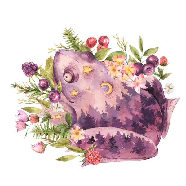 Duchovní Posvátná Ropucha Květinovým Blahopřání Totem Zvířata Žába Akvarel Ilustrace — Stock fotografie