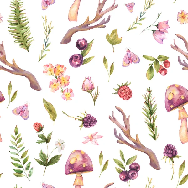 Watercolor Woodland Flowers Seamless Pattern Boho Style Horns Witchcraft Wildflowers — Stock Photo, Image