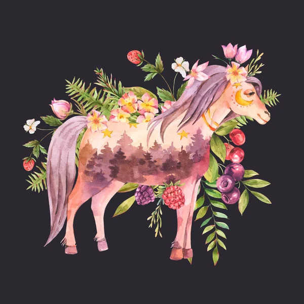 Akvarel Kůň Letní Přání Lesní Květiny Bobule Listy Totem Zvířata — Stock fotografie
