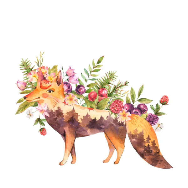 Aquarell Wicca Fuchs Florale Grußkarte Geistlich Heilige Totemtiere Wildblumen Illustration — Stockfoto