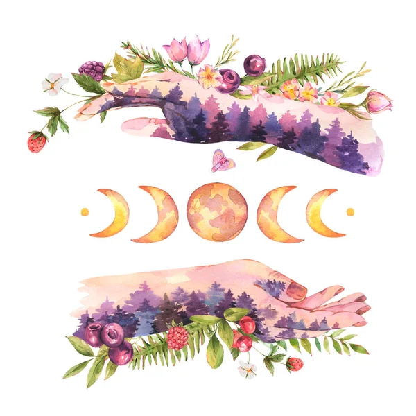 Aquarell Hexenhände Mit Mond Wildblumen Beeren Waldpflanzen Handgezeichnete Okkulte Illustration — Stockfoto