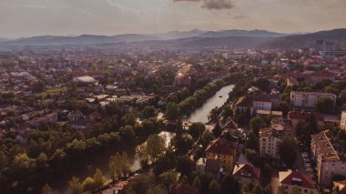 Aerial view of the river Ljubljanica, Ljubljana Slovenia. Summer landscape