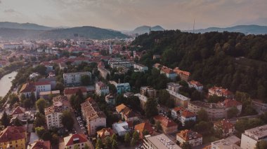 Aerial view of the river Ljubljanica, Ljubljana Slovenia. Summer landscape
