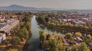Aerial view of the river Ljubljanica, Ljubljana Slovenia. Summer landscape
