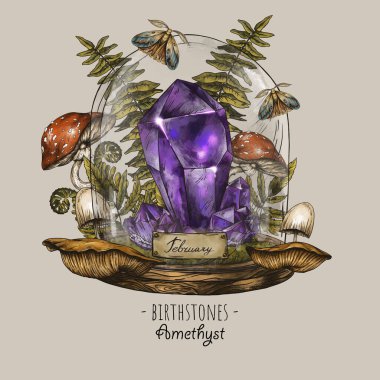 Antika doğum taşları, Amethyst mücevheri, Şubat sihirli illüstrasyon, cadı illüstrasyonu.