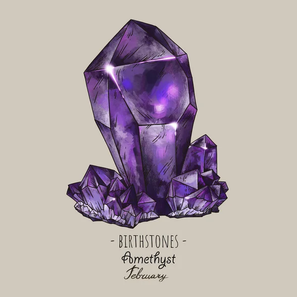 Vintage Birthstones Amethyst Gemstone February Magic Illustration Wicca Illustration — Stock Photo, Image