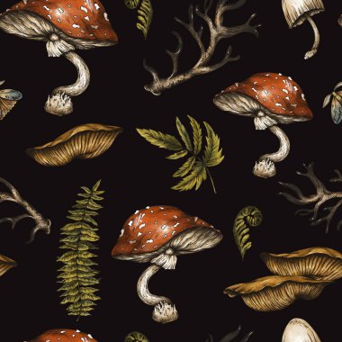 Klasik orman doğası kusursuz desen. Amanita mantarı, eğreltiotu, orman bitkileri büyücülük duvar kağıdı. Siyah arkaplanda botanik doku. 