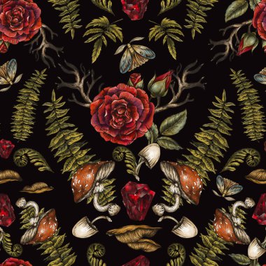 Siyah zemin üzerinde klasik Sihirli Gül İllüstrasyonu, Fern, Güve ve Amanita Mantar Mantar Cadı Elementleri