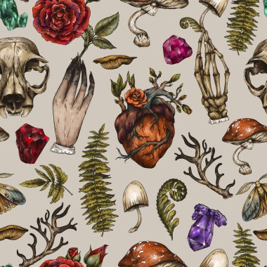 Wicca Elementleri Vintage Pürüzsüz Şablon. Sihirli Amanita Mantarı, İskelet El, Bej arka planda Kalp