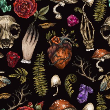 Wicca Elementleri Vintage Pürüzsüz Şablon. Sihirli Amanita Mantarı, İskelet El, Siyah arka planda Kalp