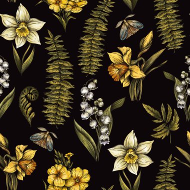 Klasik Bahar Çiçekleri Kusursuz Şablon, Klasik Botanik Daffodil Çiçek Dokuları, Siyah Güve ve Eğreltisi