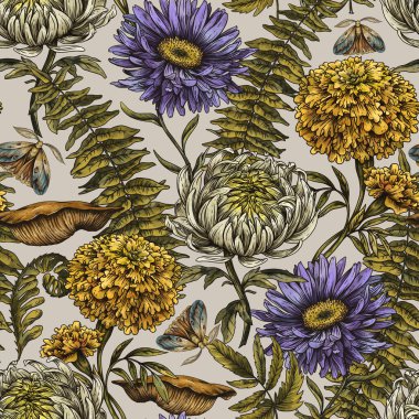 Klasik Sonbahar Çiçekleri Kusursuz Şablon, Klasik Botanik Aster, Marigold, Kasımpatı Çiçek Dokuları, Bej Üzerine Güve ve Fern