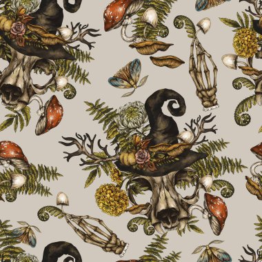 Cadılar Bayramı Kusursuz Şablon, Klasik Hayvan Kafatası, Amanita Mantar Dokusu, Fern ve Orman Çiçekleri Ürkütücü Kafatası