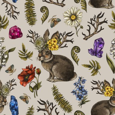 Dikensiz boynuzlu mistik tavşan. Vintage Wicca dokusu, fantezi yaratığı, bej arka planda çiçek açan