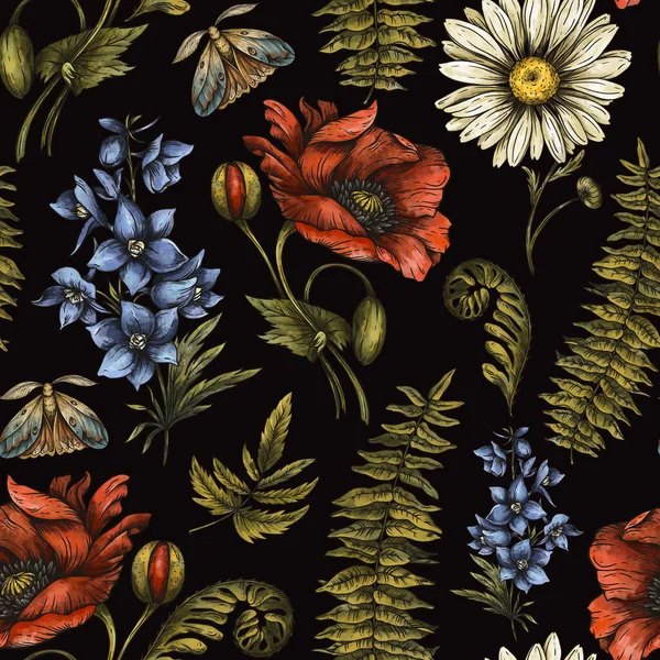 Vintage Summer Wildflowers Bezszwowy Wzór Klasyczny Maku Botanicznego Tekstury Daisy — Zdjęcie stockowe