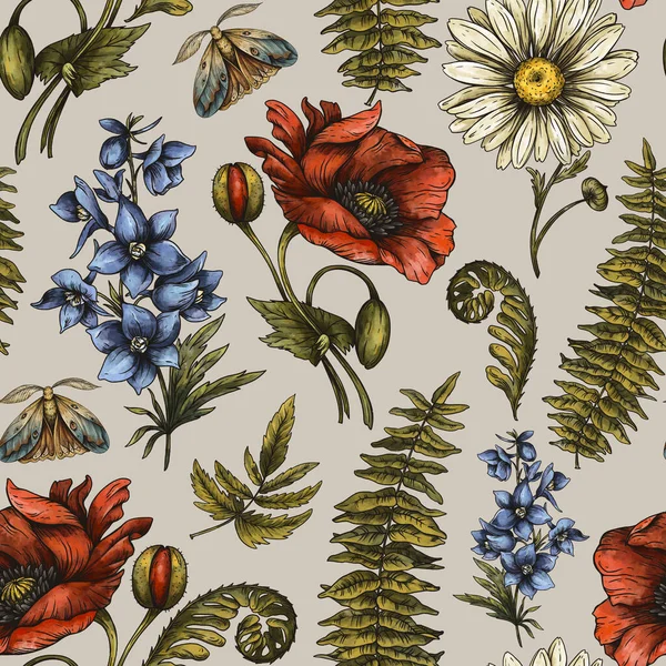 Vintage Nyári Vadvirágok Zökkenőmentes Minta Klasszikus Botanikus Mák Daisy Textúra — Stock Fotó