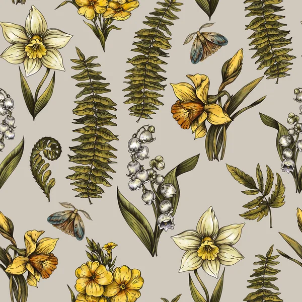 Flores Primavera Vintage Sem Costura Padrão Clássico Botânico Daffodil Textura — Fotografia de Stock