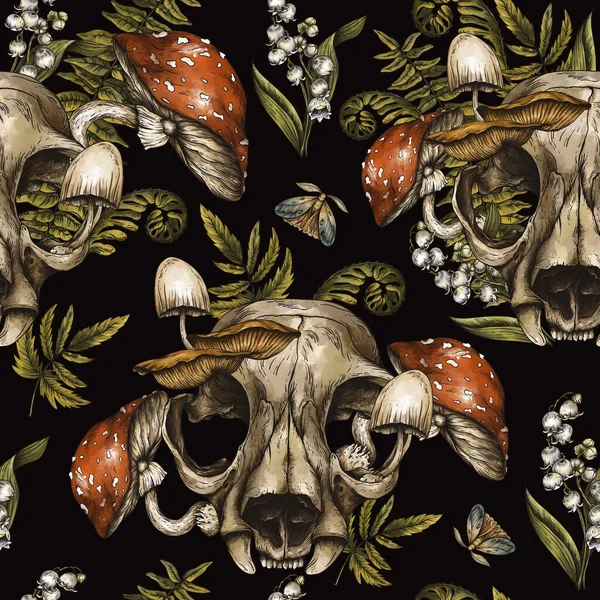 Vintage Animal Skull Seamless Pattern, Amanita Mushroom Texture, Fern and Forest Flowers on black